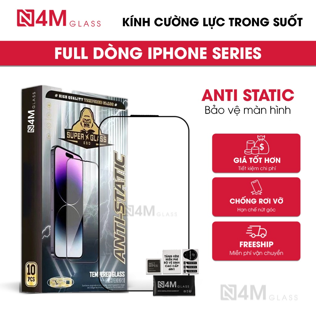 Kính cường lực cho iPhone 17/16/15/14/13/12/11 Promax/Pro/X/XS/XR/6/7/8s Plus trong suốt, full màn h
