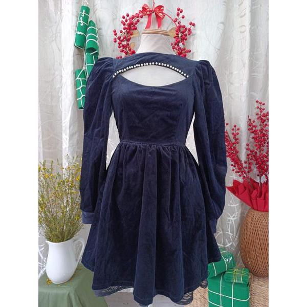 LSEOUL thanh lý - Đầm nhung tay dài đính ngọc bymo - SIZE S