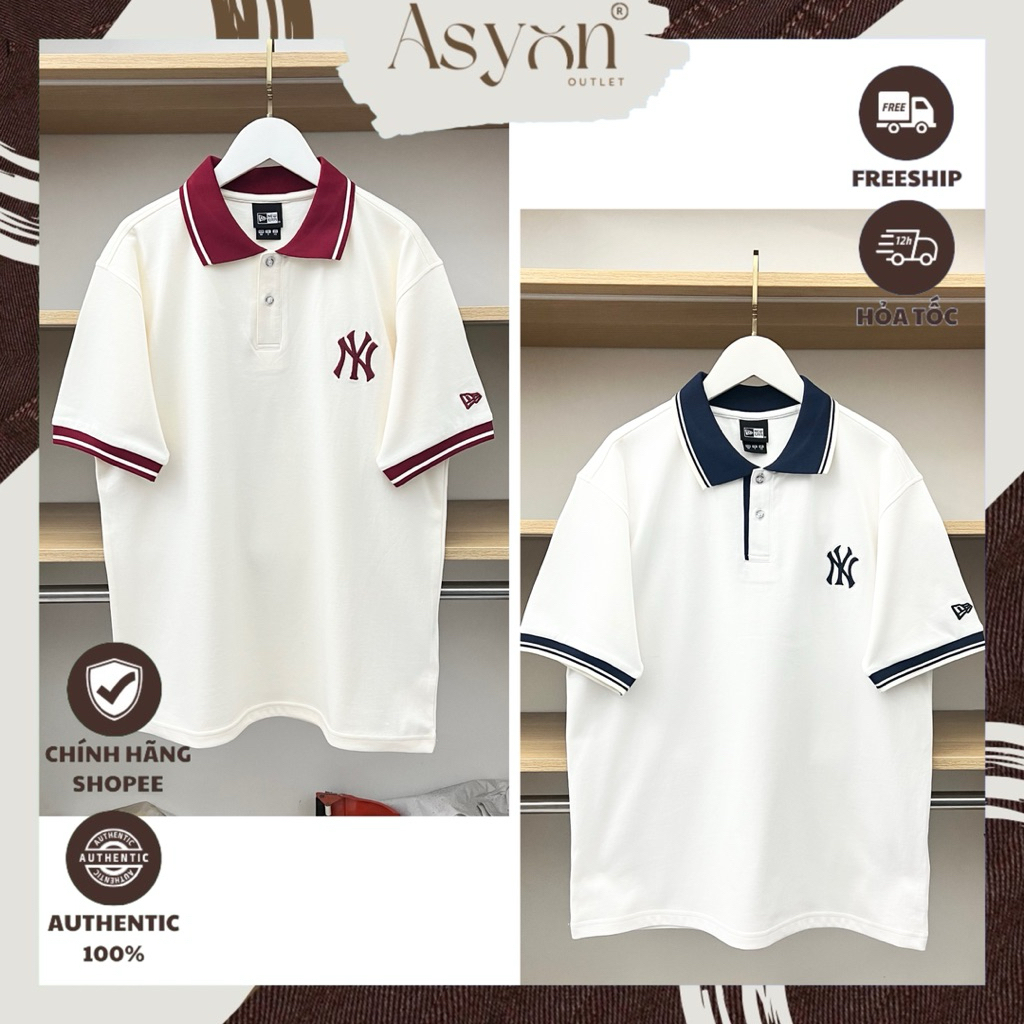 (Auth) Áo Polo New Era x MLB NY New York Kem Trắng Cổ Viền Đỏ Navy Trơn Logo Thêu | 15488928 1548894