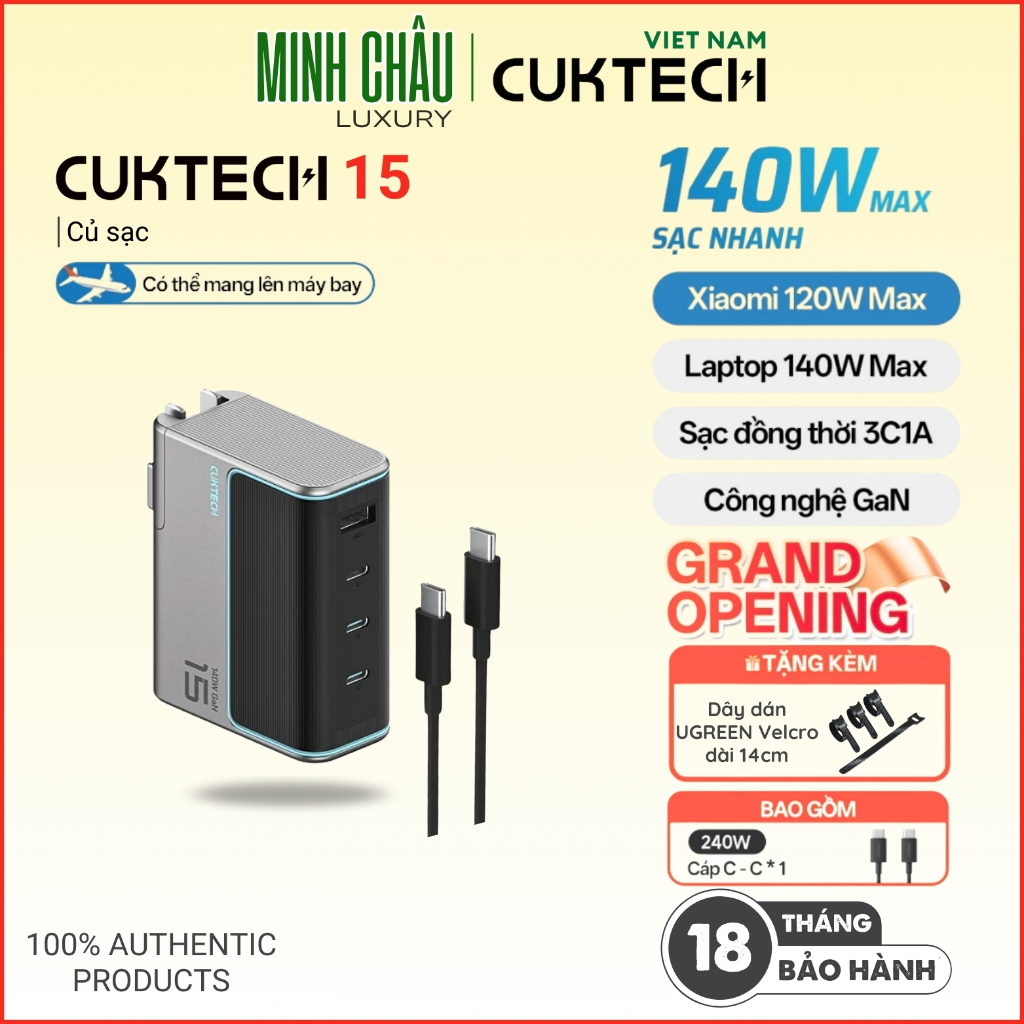 Củ Sạc GaN Siêu Nhanh CUKTECH 15 | Công Suất 140W | 3C1A Hỗ Trợ Sạc Nhanh | AD1404U - Bảo hành chính