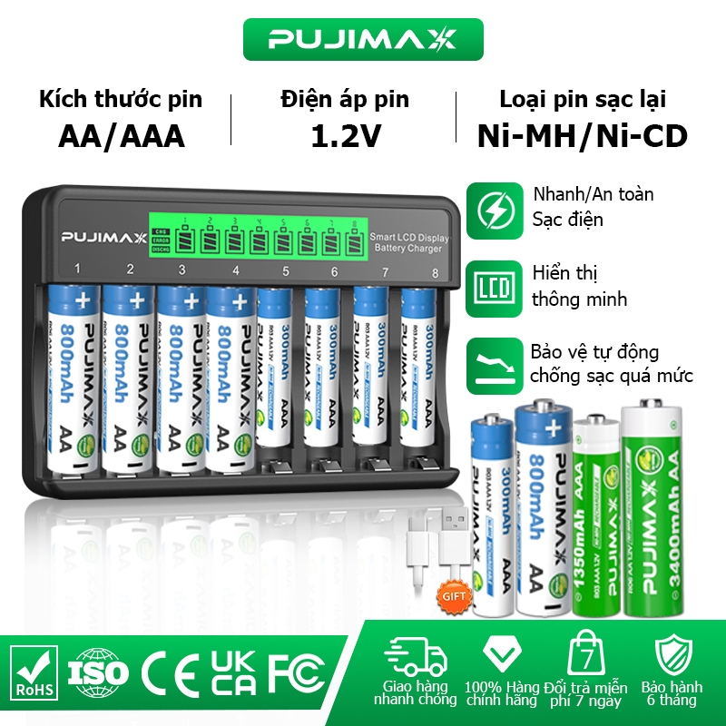 PUJIMAX Bộ sạc pin thông minh 8 khe 1.2V NI-MH Tự động ngắt điện chống sạc quá mức Có màn hình LCD