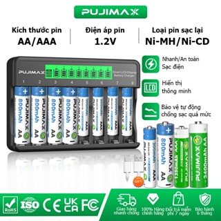 PUJIMAX Bộ sạc pin thông minh 8 khe 1.2V NI-MH Tự động ngắt điện chống sạc quá mức Có màn hình LCD