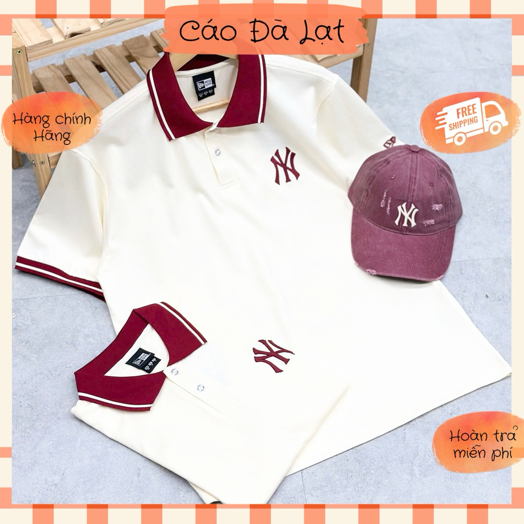 [CHÍNH HÃNG] Áo Polo New Era x MLB NY New York Kem Cổ Đỏ Viền Trắng Trơn Logo Thêu 15488942 | Cáo Đà