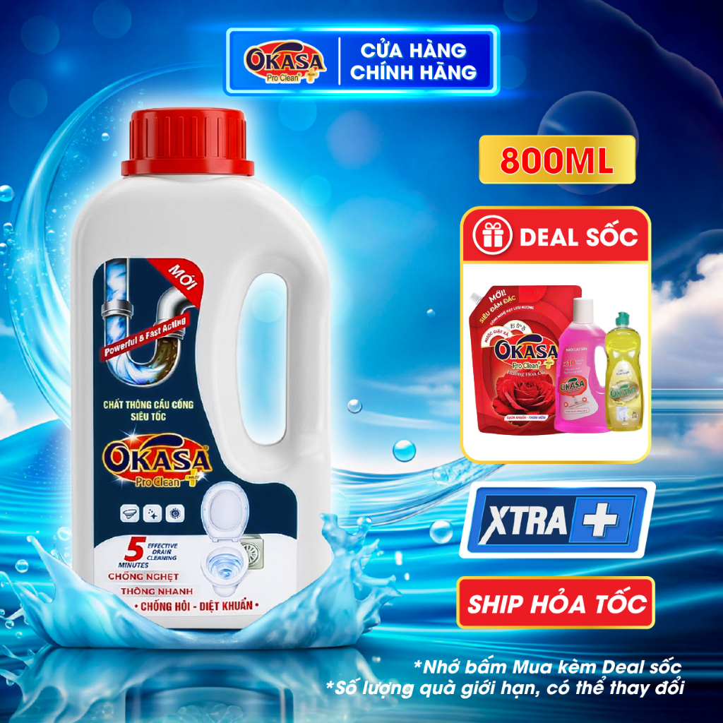 Nước thông cống OKASA siêu mạnh, tiện lợi, thông tắc nhanh cống, bồn cầu, lavabo, phân hủy dầu mỡ, tóc và mọi chất thải.