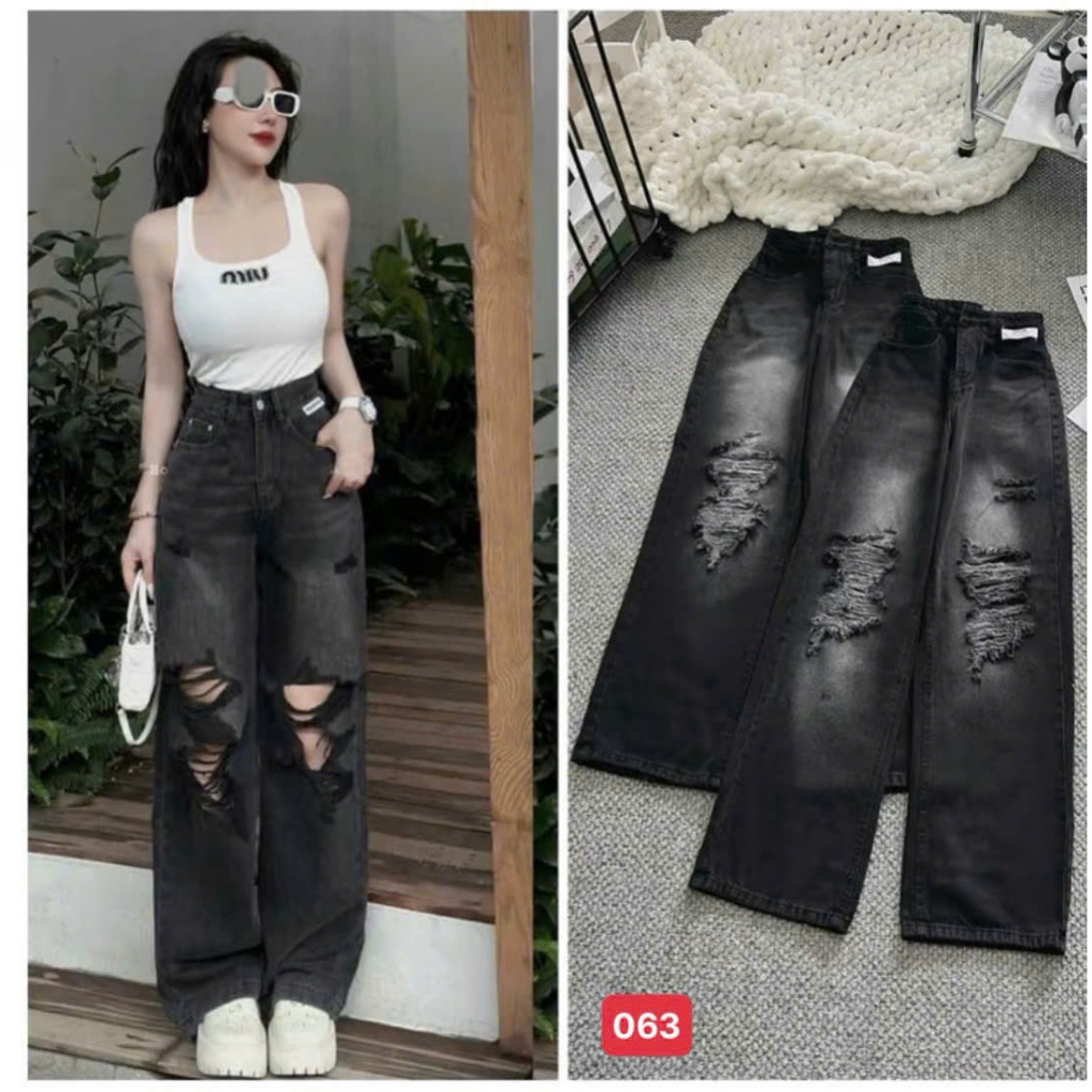 Quần beggy màu đen xám kiểu rách ống rộng ôm eo lưng cao trẻ trung cá tính SoLo-store-BG063