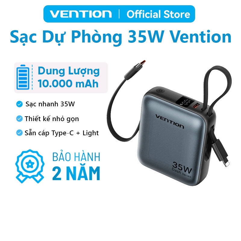 Sạc Dự Phòng 10000mAh Vention 35W Hỗ Trợ PD Có Sẵn Dây USB-C & Light Thiết Kế Nhỏ Gọn Cho Phone Sams
