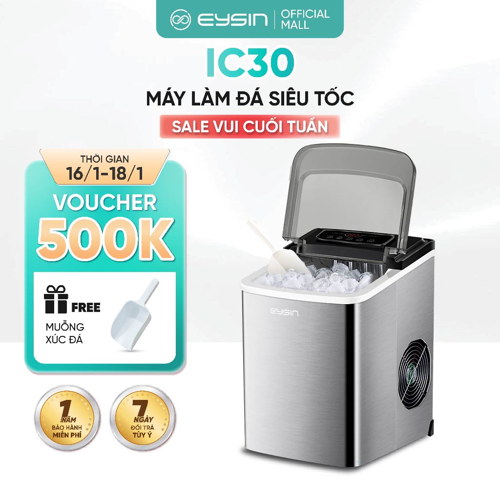 Máy Làm Đá EYSIN IC30 Làm Đá Viên Nhanh Tự Động Màn Hình Đếm Ngược Thông Minh Hẹn Giờ Làm Đá Chế Độ 
