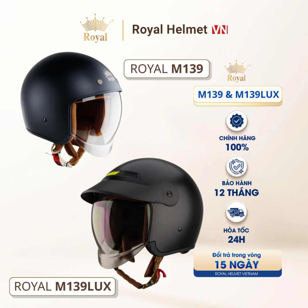 [ĐEN MỜ] Series mũ Bảo Hiểm 3/4 M139 TRƠN & M139LUX Chính Hãng Cho Nam Nữ Bán Chạy | Royal Helmet VN