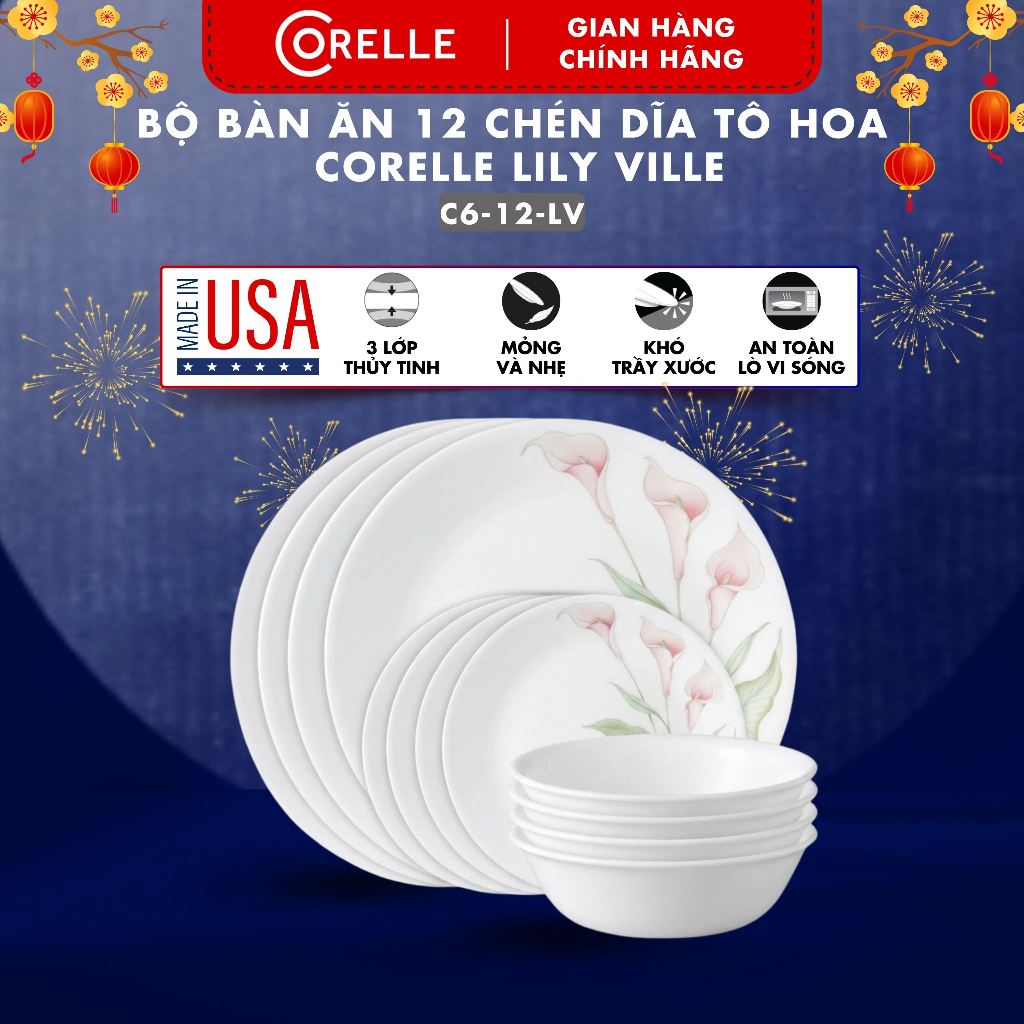 Bộ bàn ăn TẾT Corelle 12 Món Chén Dĩa Tô Hoa Corelle Elegant City C6-12-LV - Made in USA