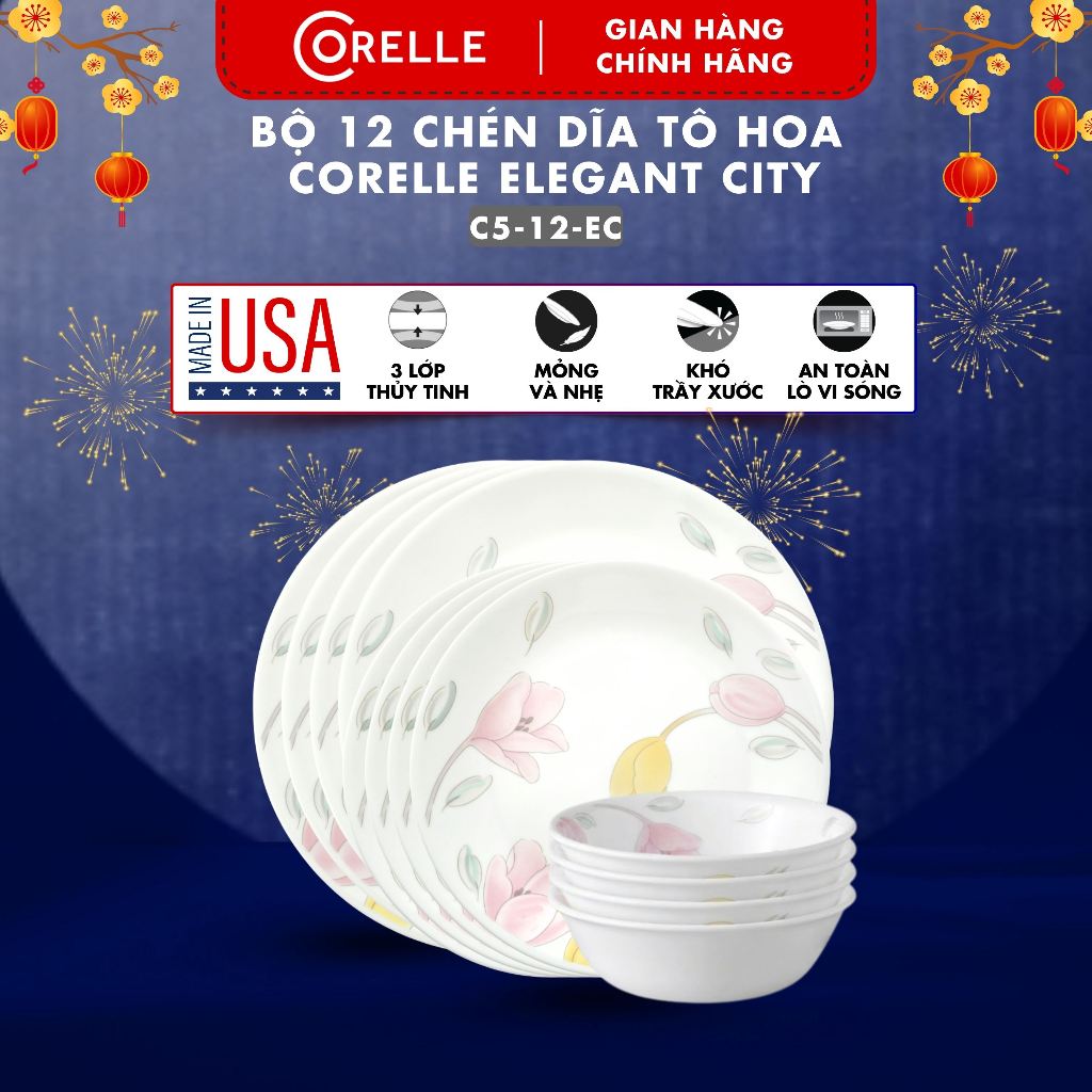 Bộ bàn ăn Tết Corelle SET 12 cái 4 người – Tô chén dĩa thủy tinh Elegant City C5-12-EC - Made in USA