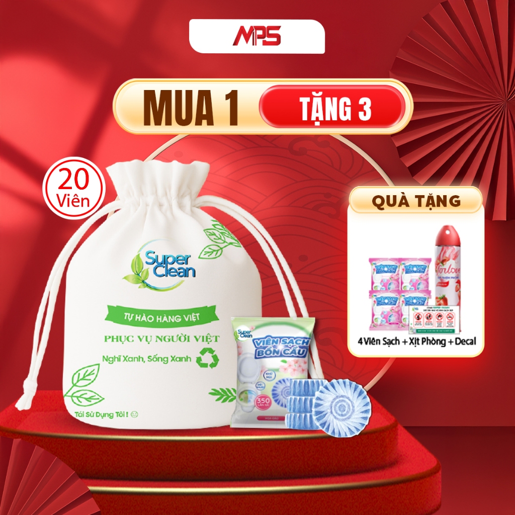 Combo 20 Viên Sạch Bồn Cầu Super Clean - Tặng thêm 4 Viên Sạch Bồn Cầu Super Clean Và 1 Xịt Thơm Phò