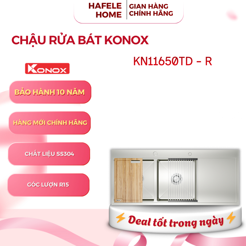 Chậu Bếp Konox KN11650TD – Inox 304 – 2 Hố Có Bàn Chờ – Bề Mặt Sáng Bóng – Chống Thấm Ngược – EEH