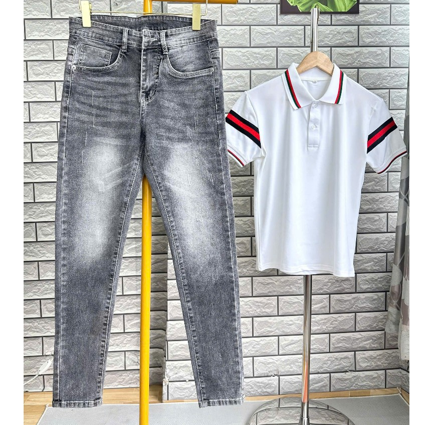 COMBO quần Jeans xám wash nam phối cùng áo POLO trắng họa tiết nam tính phong cách lịch sự trưởng th