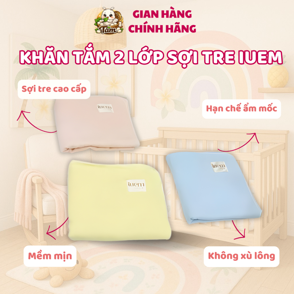 Khăn Tắm Đa Năng Sợi Tre Lụa 2 lớp IUEM 90x93cm– Mỏng Nhẹ, Không Bụi Vải, Không Sờn - Tằm Baby Việt 