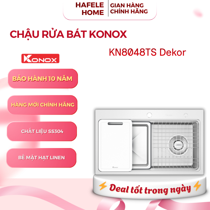 Chậu Rửa Bát Konox KN8048TS Dekor – Bề Mặt Linen Chống Xước – Kèm Thớt – Colander – Giá Úp Bát – EEH
