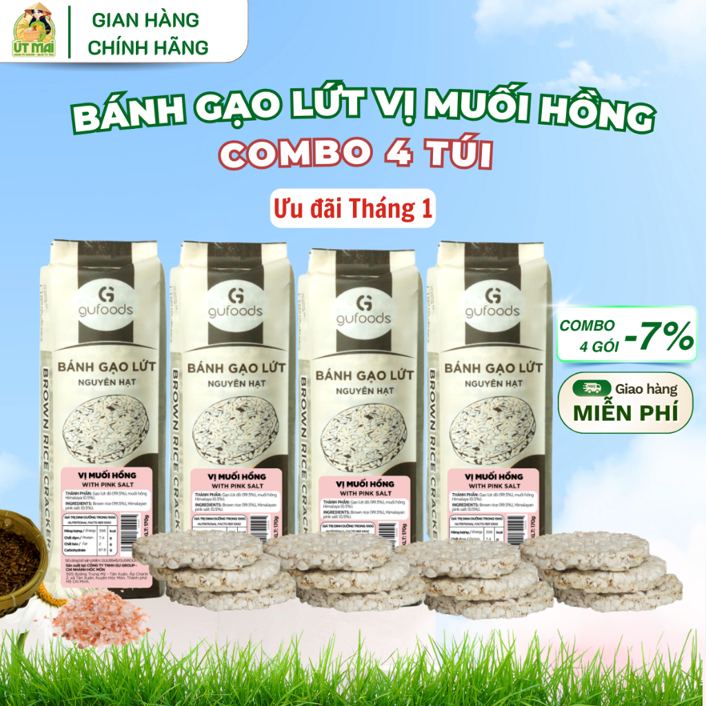 [COMBO 4 GÓI] Bánh gạo lứt GUfoods vị Muối Hồng - Không dầu, đường, Eatclean, Healthy, Tập gym