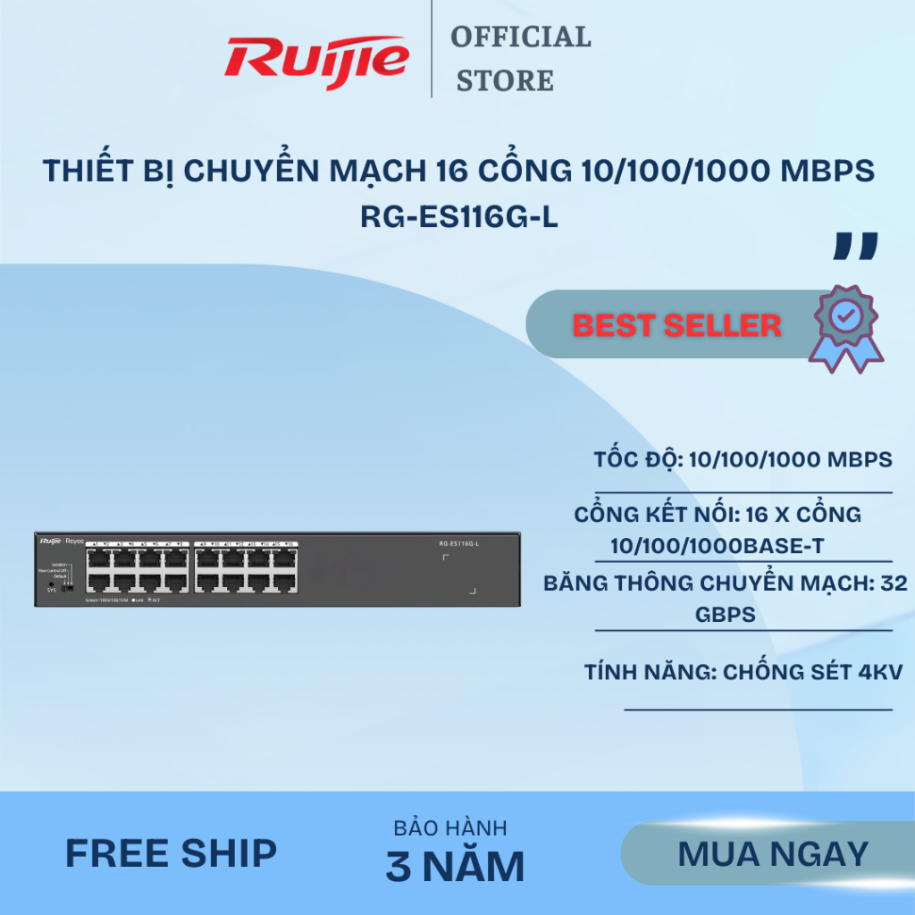 Thiết bị chuyển mạch 16 cổng Ruijie RG-ES116G-L 10/100/1000 Mbps