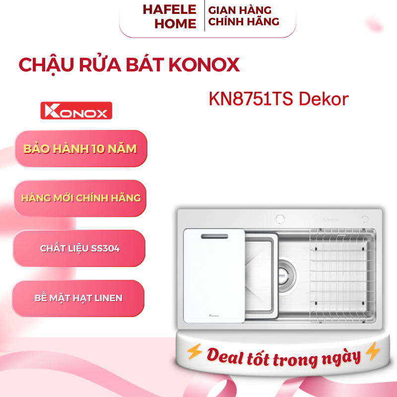 Chậu Rửa Bát 1 Hố Konox KN8751TS – Dekor Series – Bề Mặt Linen –Tích Hợp Giá Úp Bát – EEH