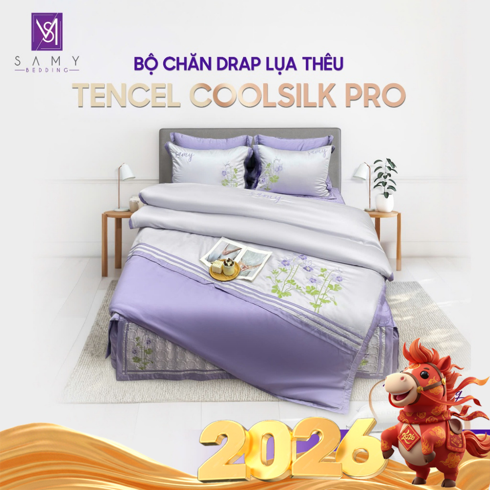 Bộ Chăn Ga Lụa Thêu SAMY BEDDING Sắc Tím Sang Trọng Tencel Coolsilk Pro