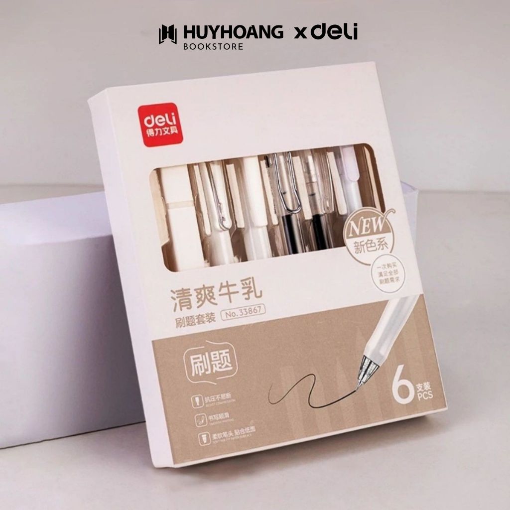 Hộp 6 Bút Gel Deli Mực Đen–Ngòi 0.5mm Trơn Mượt, Tiện Lợi Văn Phòng,  Học Sinh Sinh Viên, VPP