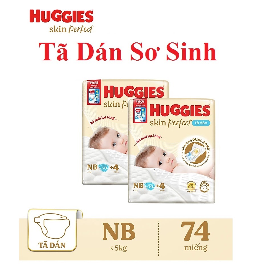 Combo 2 Bịch Tã dán Sơ Sinh Huggies NB70+4/S54+4/M46+3 Miếng