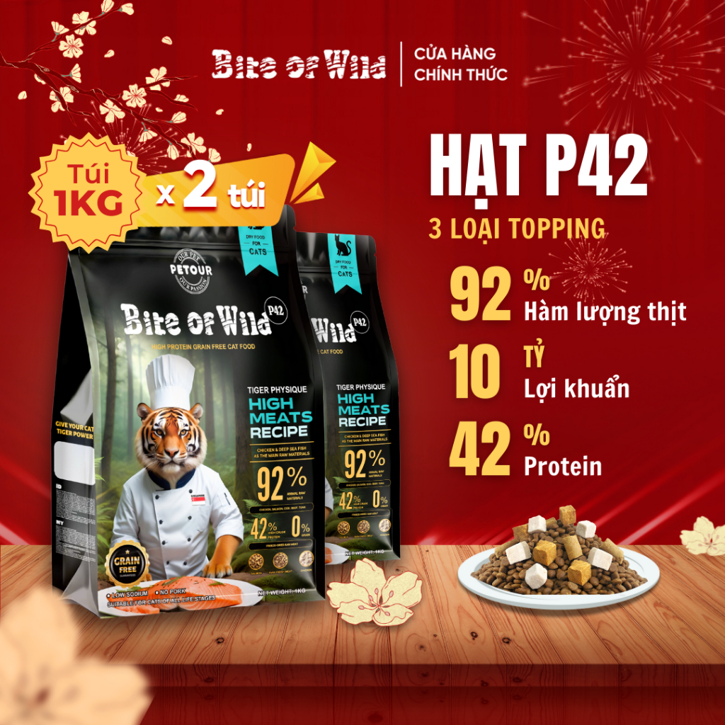 Thức Ăn Cho Mèo Bite Of Wild P42 Combo 2 Gói 1KG Không Chứa Ngũ Cốc Mix Topping Thịt Bò, Cá Hồi