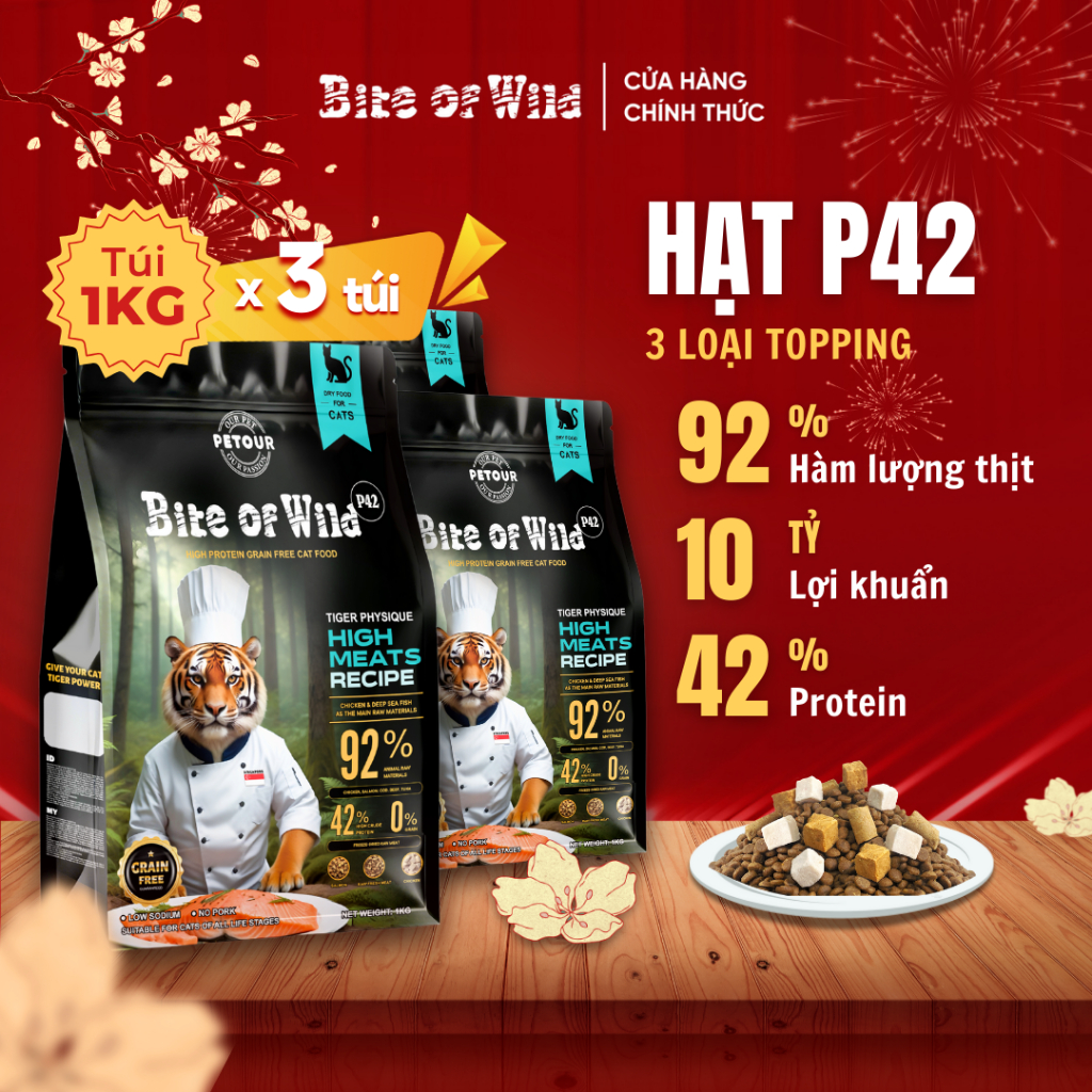Thức Ăn Cho Mèo Bite Of Wild P42 Combo 3 Gói 1KG Không Ngũ Cốc Mix Thịt Sấy Cho Mèo Mọi Lứa Tuổi