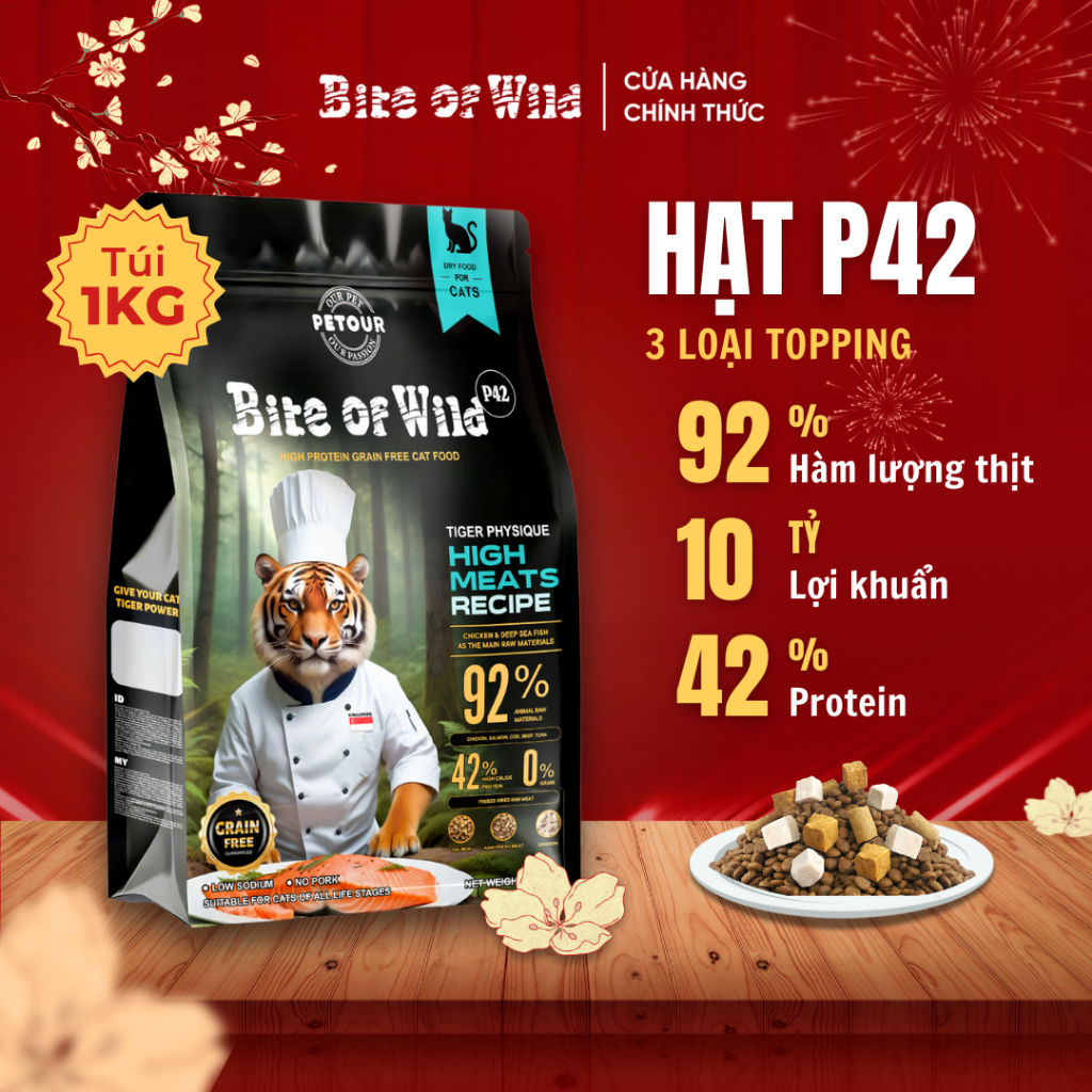 Thức Ăn Cho Mèo Bite Of Wild P42 1KG Không Chứa Ngũ Cốc Mix Thịt Sấy Cá Hồi Bò Cho Mèo Mọi Lứa Tuổi