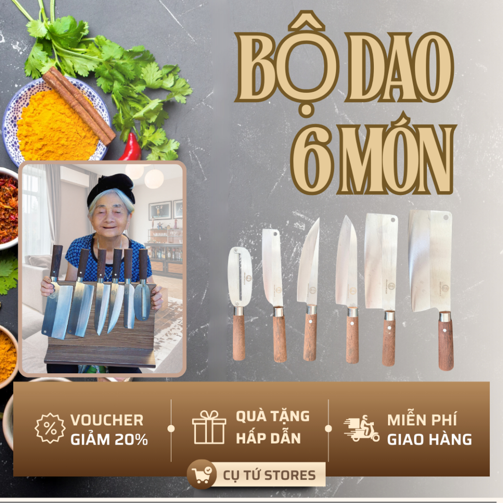 Bộ Dao Nhà Bếp Cụ Tứ 6 Món: Dao Chặt,Dao Thái,Dao Lọc, Dao Bầu,Dao Gọt,Dao Bào,