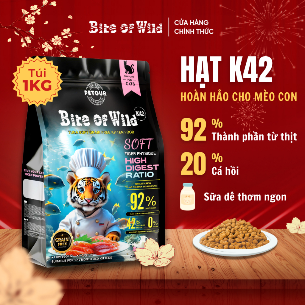 Hạt Cho Mèo Bite Of Wild K42 Mới, Gói 1KG Không Chứa Ngũ Cốc, Viên Mềm Dễ Tiêu Hoá Dành Cho Mèo Con