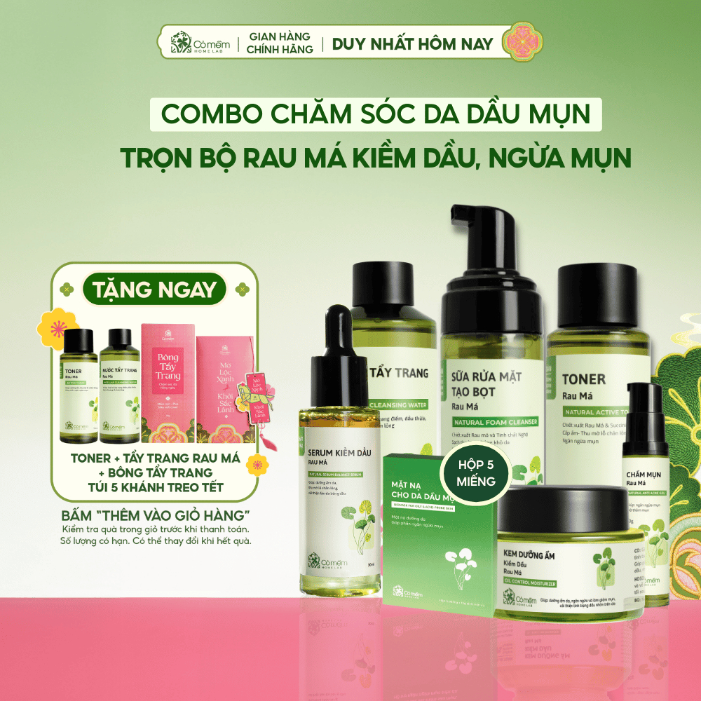 Trọn Bộ Chăm Sóc Da Rau Má Chuyên Sâu 7 Bước Cho Da Dầu Mụn Cỏ Mềm