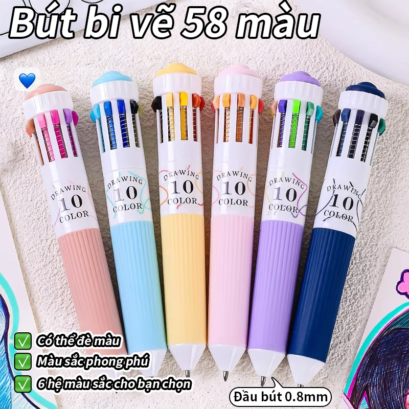 MUYUAN문구점-Bút bi màu mỗi cây 10 màu, bút gel màu, mực tăng cường, dùng để ghi chú, đánh dấu trọng đi