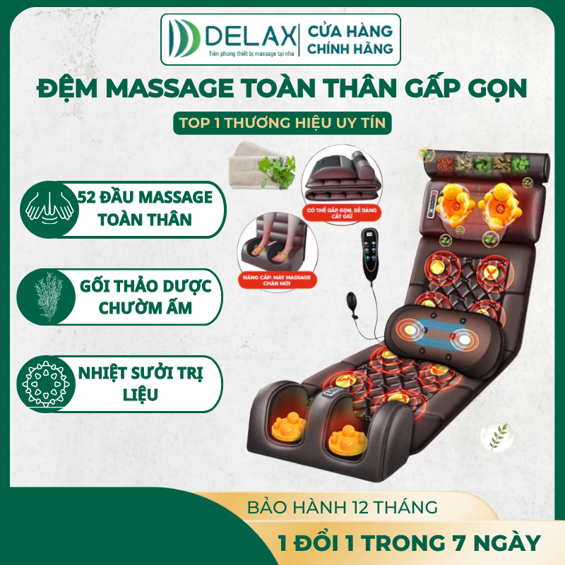 Đệm Massage DELAX TMS01 – Massage Toàn Thân, Rung Sóng + Chườm Nóng,Thư Giãn Cổ Vai Gáy, Lưng & Chân