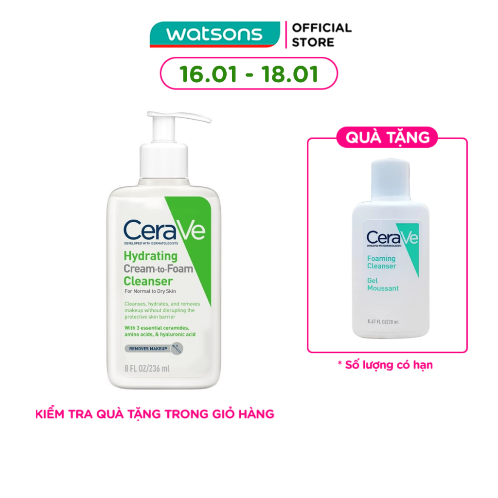 Sữa Rửa Mặt Cerave Hydrating Cream-To-Foam Cleanser Làm Sạch Và Cấp Ẩm Cho Da Thường Và Da Khô 236ml