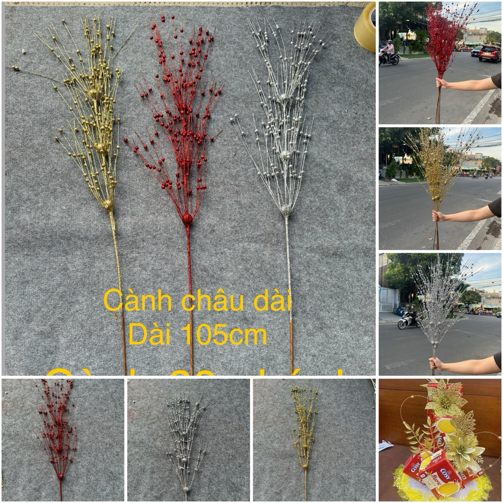 H760 cành châu dài 105cm (60 nhánh) cành châu dài nhũ kim tuyến, châu xòe trang trí giỏ bánh kẹo, th