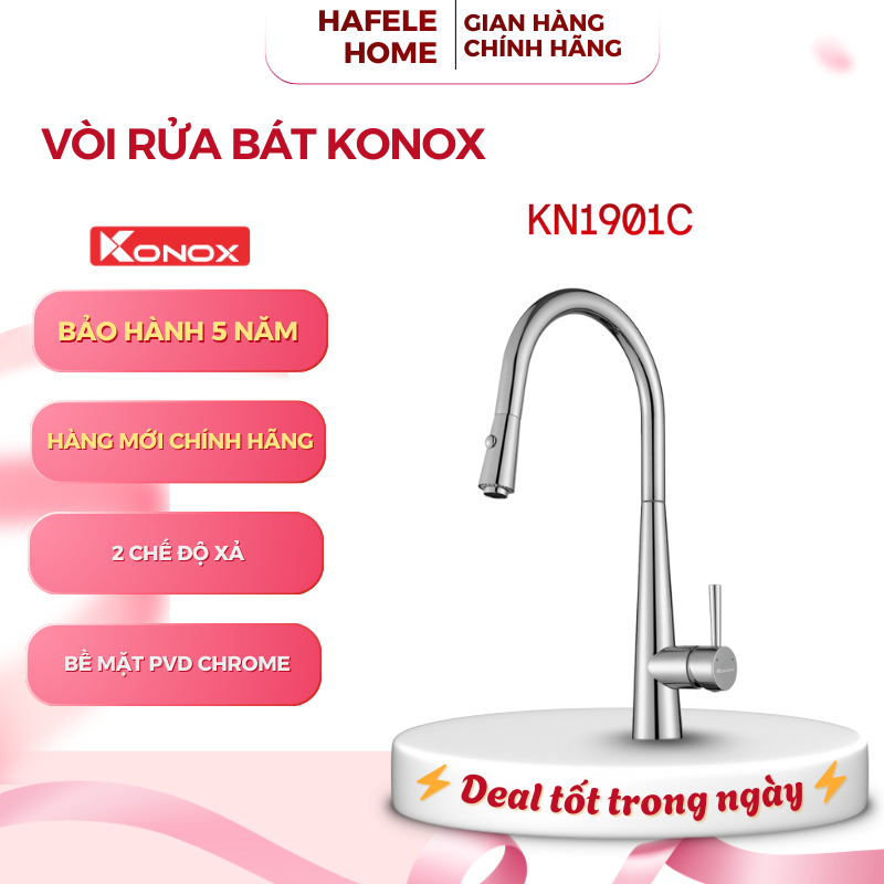 (Bỏ mẫu)Vòi Rửa Bát Konox KN1901C – Dây Rút –  2 Đường Nóng Lạnh – Bề Mặt PVD Chrome Chống Bám Vây T