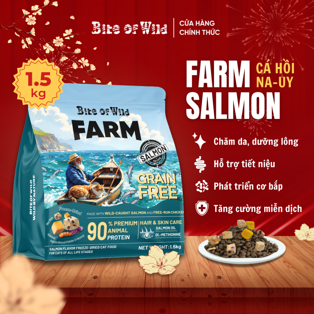 Hạt Cho Mèo Bite Of Wild Farm Cá Hồi, Gói 1.5KG, 90% Thịt Cá Hồi Na Uy, Gà Nuôi Thả, 6 Loại Chất Xơ