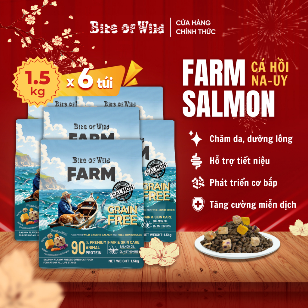 Hạt Cho Mèo Bite Of Wild Farm Cá Hồi Combo 6 Gói 1.5KG, 90% Đạm Động Vật, Giàu Taurine & Arginine