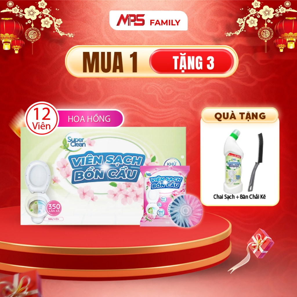 Combo 12 Viên Sạch Bồn Cầu Hoa Hồng Super Clean Tặng 1 Chai Tẩy Bồn Cầu Super Clean Với Hương Thơm T
