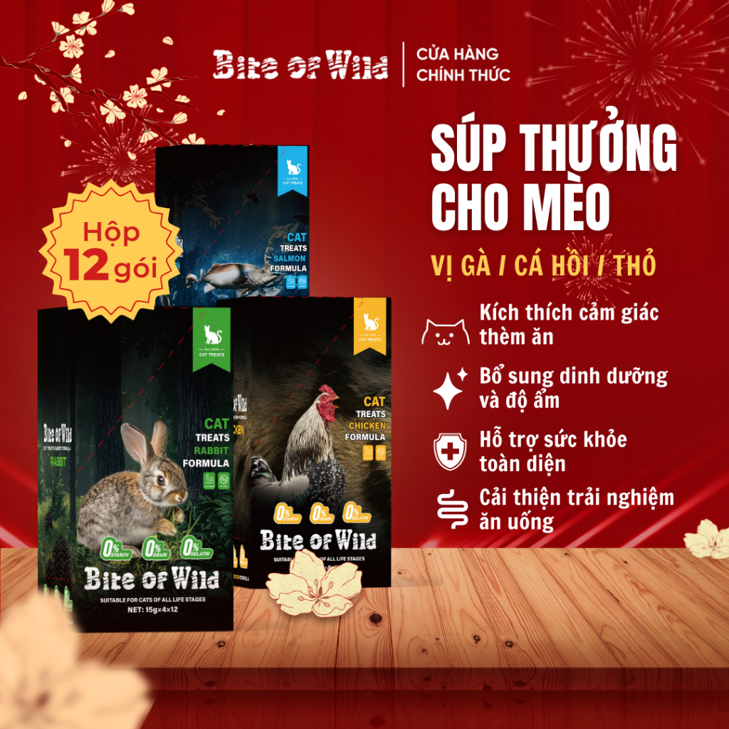 Súp Thưởng Cho Mèo Bite Of Wild Combo 6, 12, 25 Gói Không Gelatin, Ít Béo, Dùng Cho Mèo Mọi Lứa Tuổi