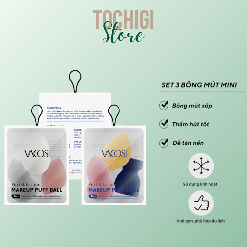 Set 3 Bông Blender Mini - VACOSI Portable Mini Makeup Puff Ball