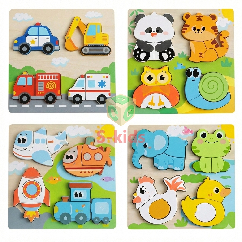 Đồ Chơi Gỗ S-Kids, Tranh Ghép Hình 3D Nổi Chủ Đề Động Vật & Giao Thông Giúp Bé Phát Triển kỹ năng