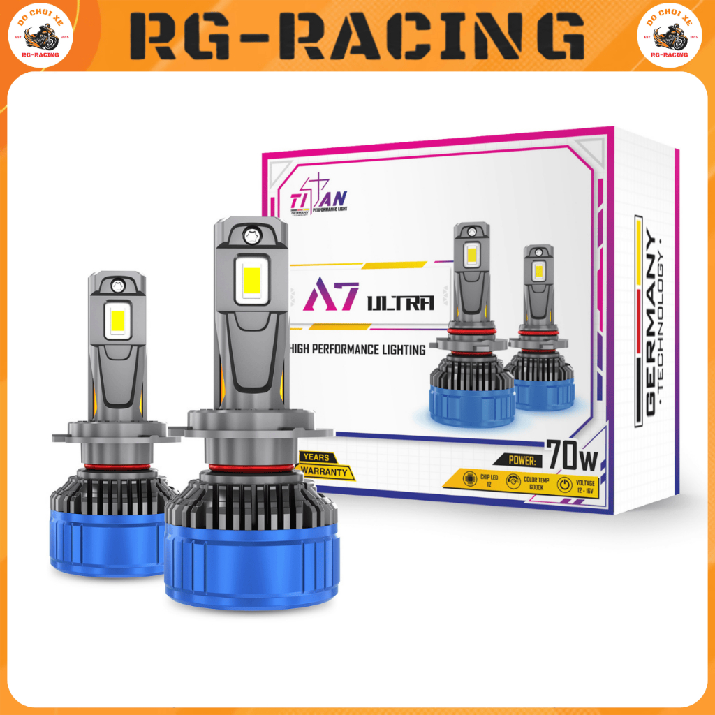 Bóng LED Titan Moto A7 Ultra 70W 12+12 Chip H4 H7 H11 9005 Tăng Sáng 300% Tản Nhiệt CNC
