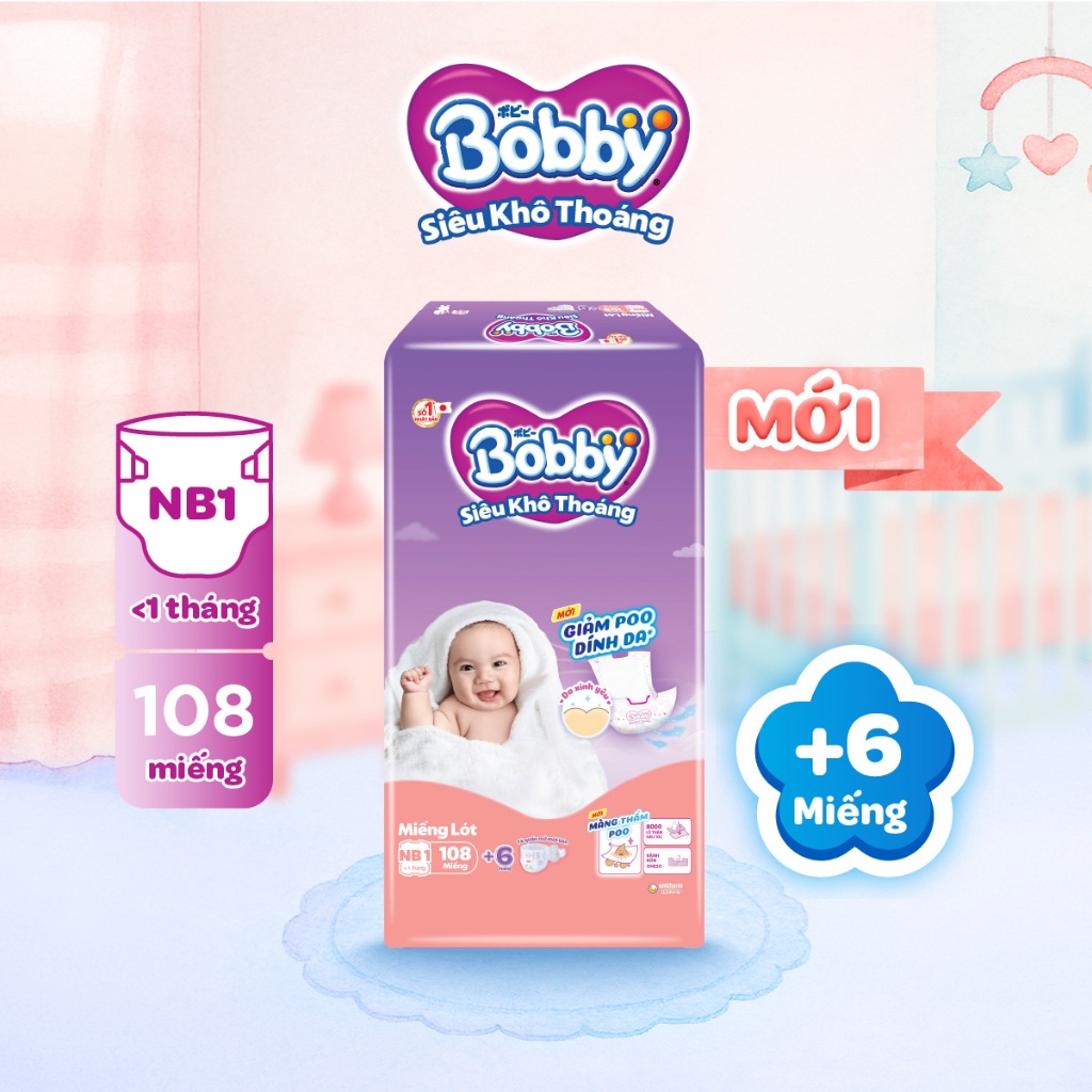 [MUA 2 TẶNG 1] Combo 2 gói miếng lót sơ sinh Bobby Newborn 1-108 miếng  - Tặng miếng ngẫu nhiên