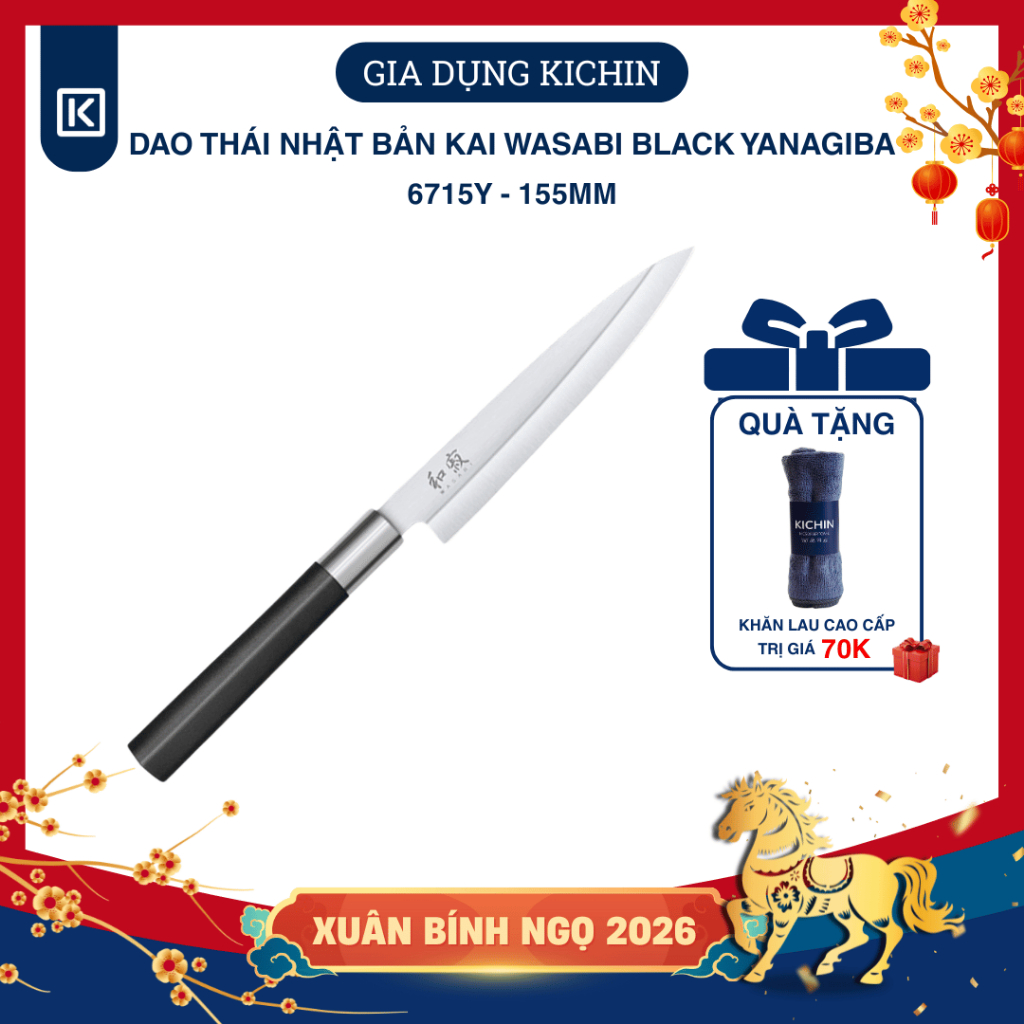 Dao thái Sashimi Nhật Bản cao cấp KAI Wasabi Black Yanagiba - 6715Y (155mm)