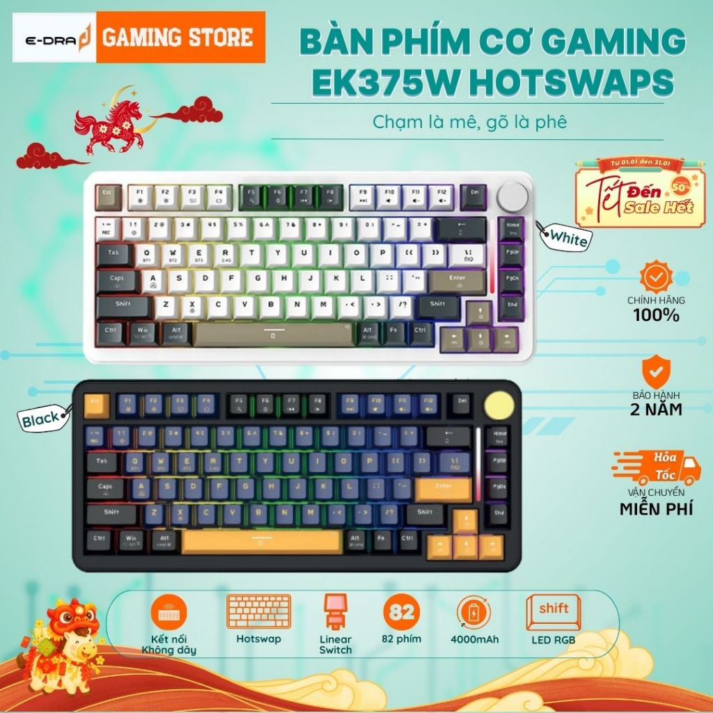 Bàn phím gaming EDRA EK375W Hotswap không dây, EK375V2 có dây, Linear Switch, BH Chính hãng 2 năm