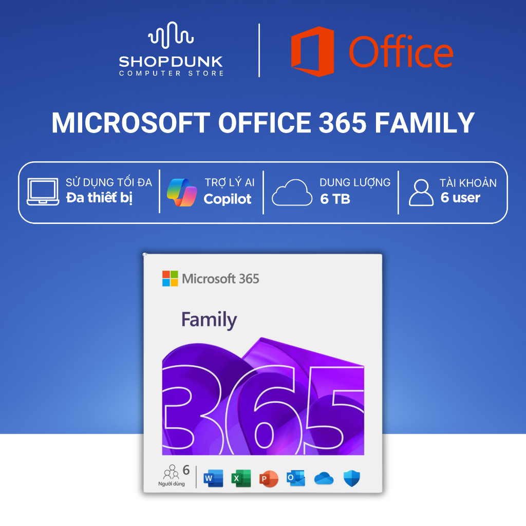 Phần Mềm Microsoft 365 FAMILY 6GQ-00083 | 12 Tháng | 6 TB Onedrive | 6 Người Dùng | Tới 30 Thiết Bị