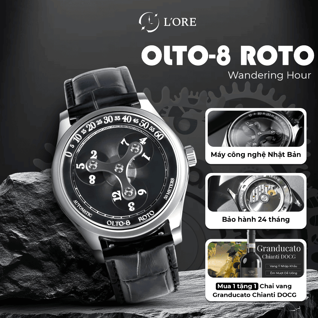 Đồng Hồ OLTO-8 ROTO Midnight Black L'ORE Đồng Hồ Cơ Wandering Hour Mặt Kính Sapphire, Phản Quang