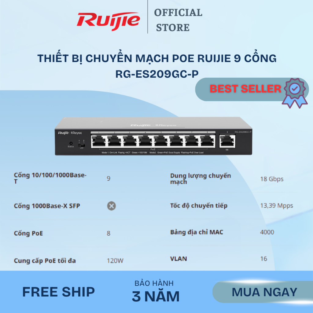 Thiết bị chuyển mạch PoE Ruijie 9 cổng RG-ES209GC-P