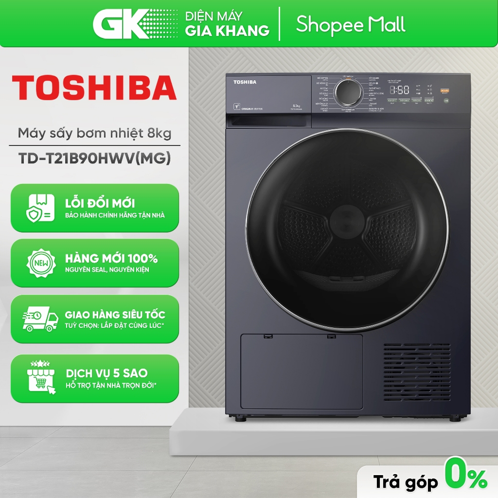 TD-T21B90HWV(MG) - Máy sấy bơm nhiệt Toshiba 8 kg TD-T21B90HWV Cảm biến sấy khô, Điều khiển từ xa TS